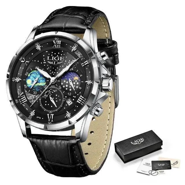 LIGE Leather Strap Chronograph Sport Watch: Stylish Waterproof Wristwatch