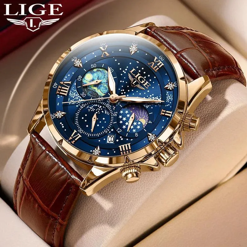 LIGE Leather Strap Chronograph Sport Watch: Stylish Waterproof Wristwatch