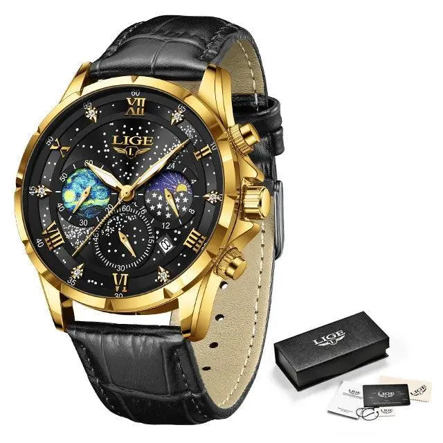 LIGE Leather Strap Chronograph Sport Watch: Stylish Waterproof Wristwatch