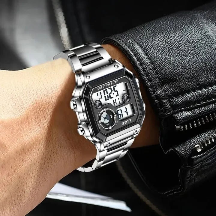 LIGE LG8921 new design china men digital watch steel band waterproof night light Multifunction display watch Casual wristwatch