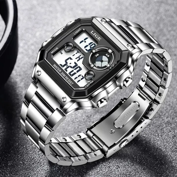 LIGE LG8921 new design china men digital watch steel band waterproof night light Multifunction display watch Casual wristwatch