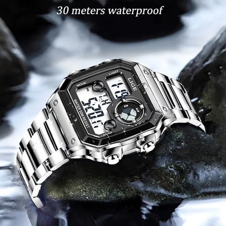 LIGE LG8921 new design china men digital watch steel band waterproof night light Multifunction display watch Casual wristwatch