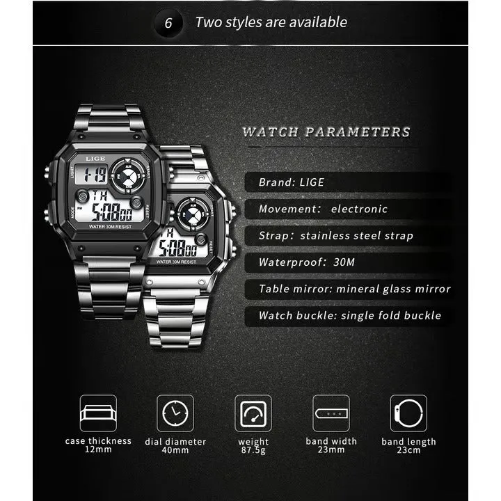 LIGE LG8921 new design china men digital watch steel band waterproof night light Multifunction display watch Casual wristwatch