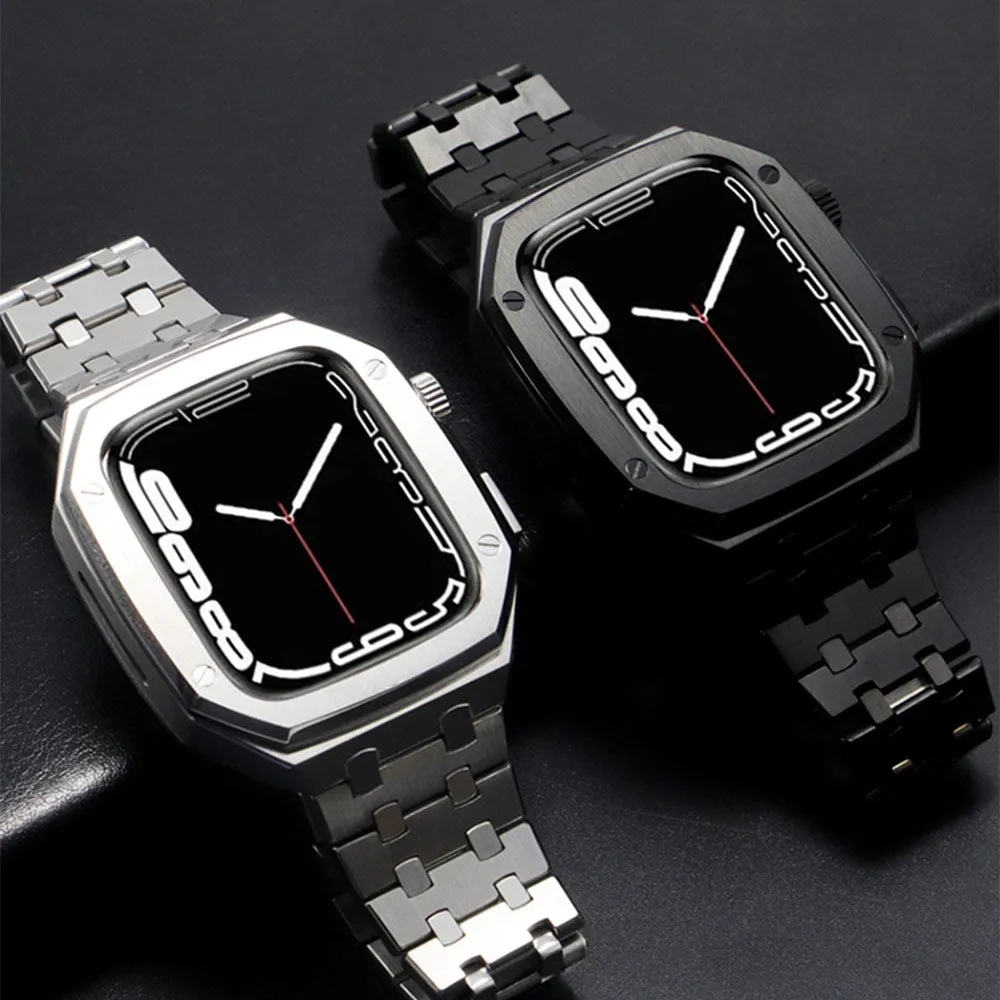 Luxury Band Case Compatible Apple Watch Series 7/8 45mm Men Rugged Protective Case Drop-proof Metal Bumper with Strap