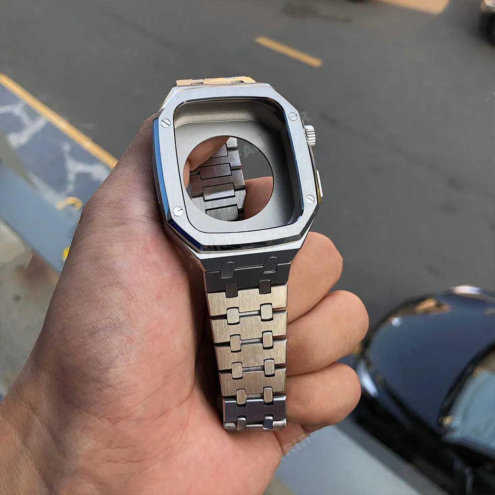 Luxury Band Case Compatible Apple Watch Series 7/8 45mm Men Rugged Protective Case Drop-proof Metal Bumper with Strap