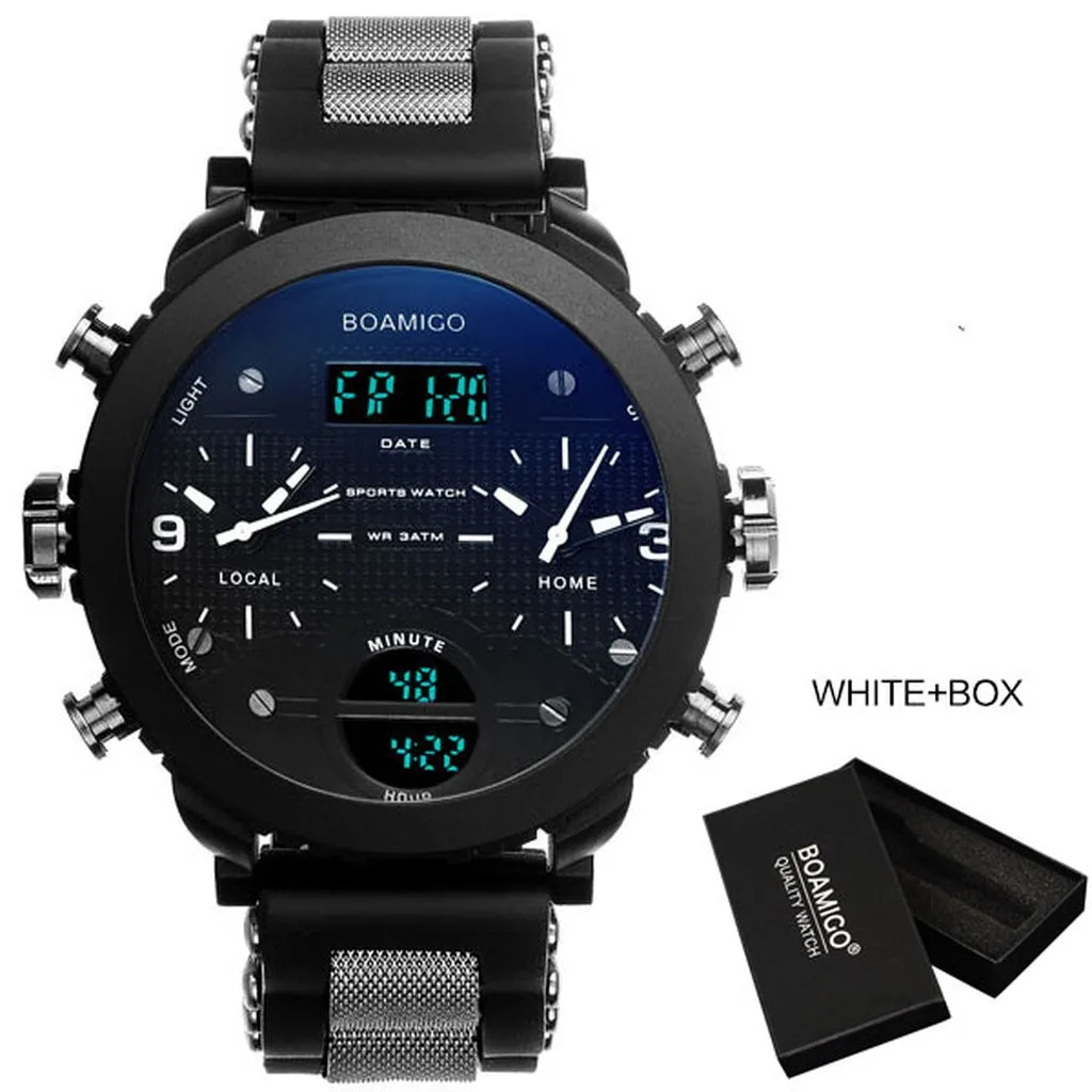 Men Watches BOAMIGO Brand 3 Time Zone Military Sports Watches Male LED Digital Quartz Wristwatches Gift Box Relogio Masculino