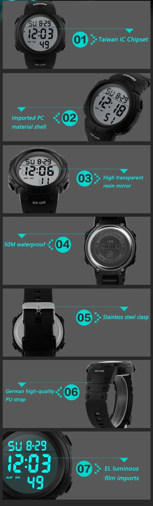 Men's Digital LED Sports Watch, Water Resistant to 50m (150ft)