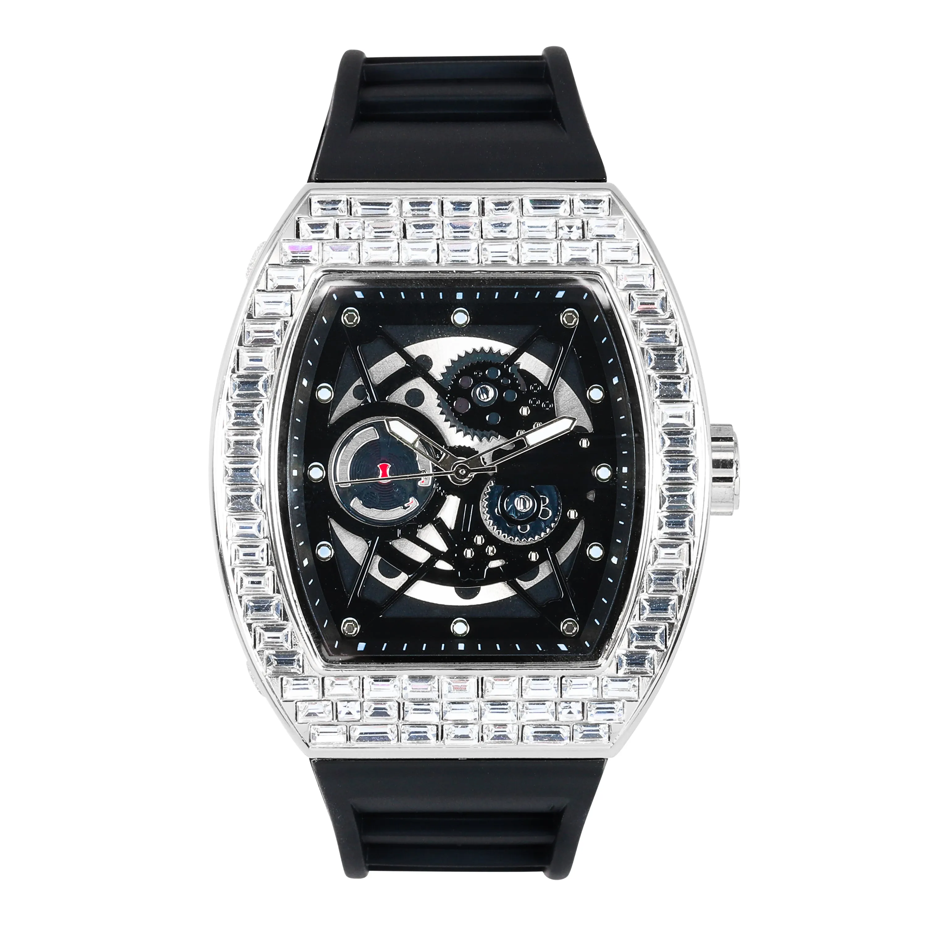 Men's Luxury Iced Watch with Baguette Crystals - Tonneau Shape, Silicone Band