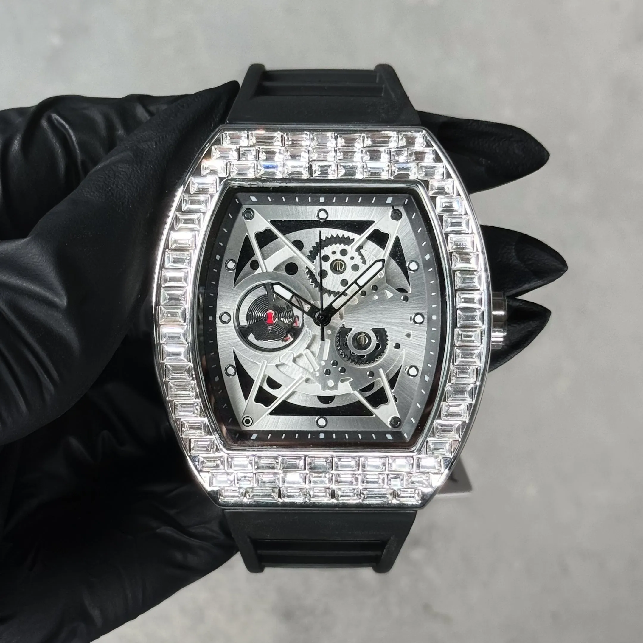 Men's Luxury Iced Watch with Baguette Crystals - Tonneau Shape, Silicone Band