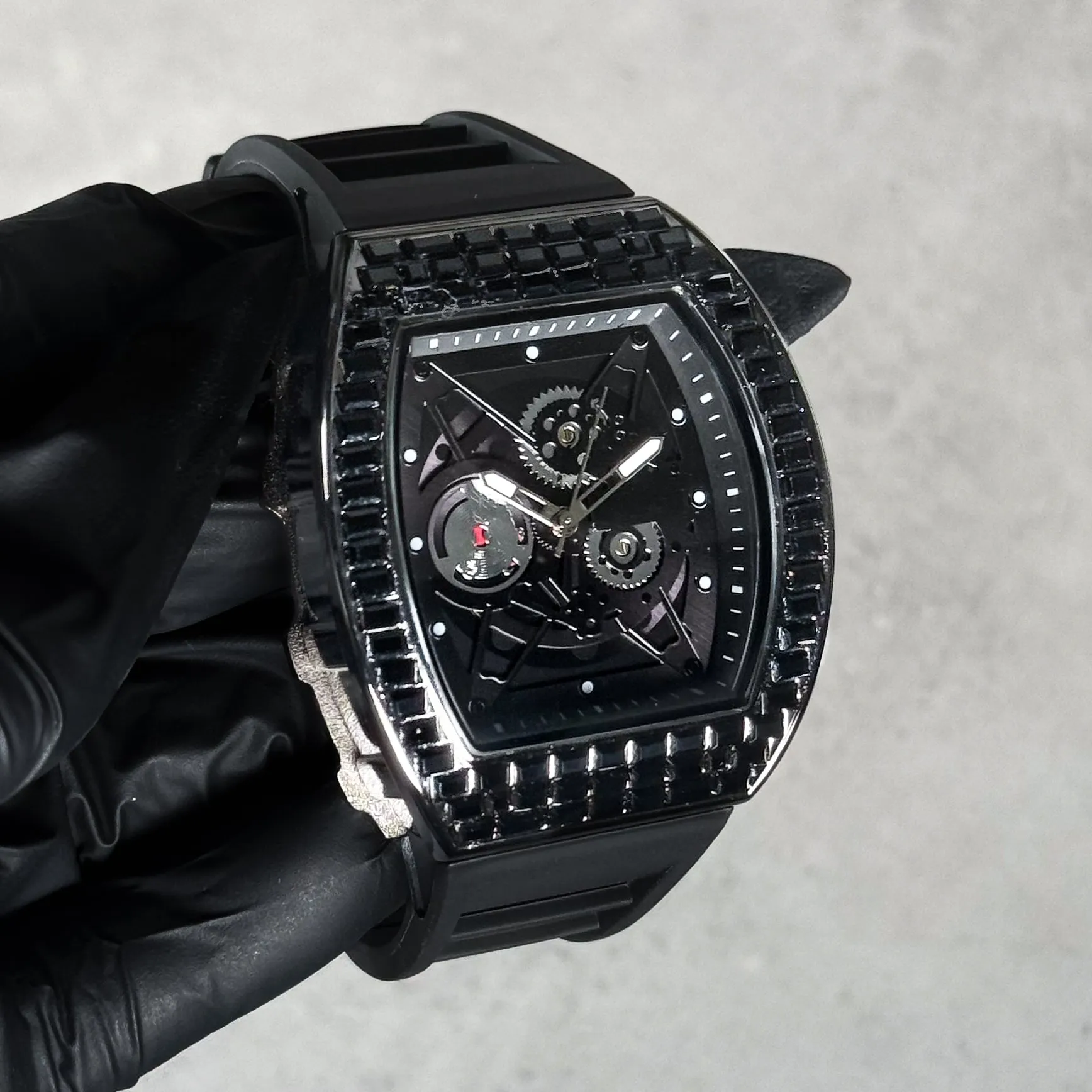 Men's Luxury Iced Watch with Baguette Crystals - Tonneau Shape, Silicone Band
