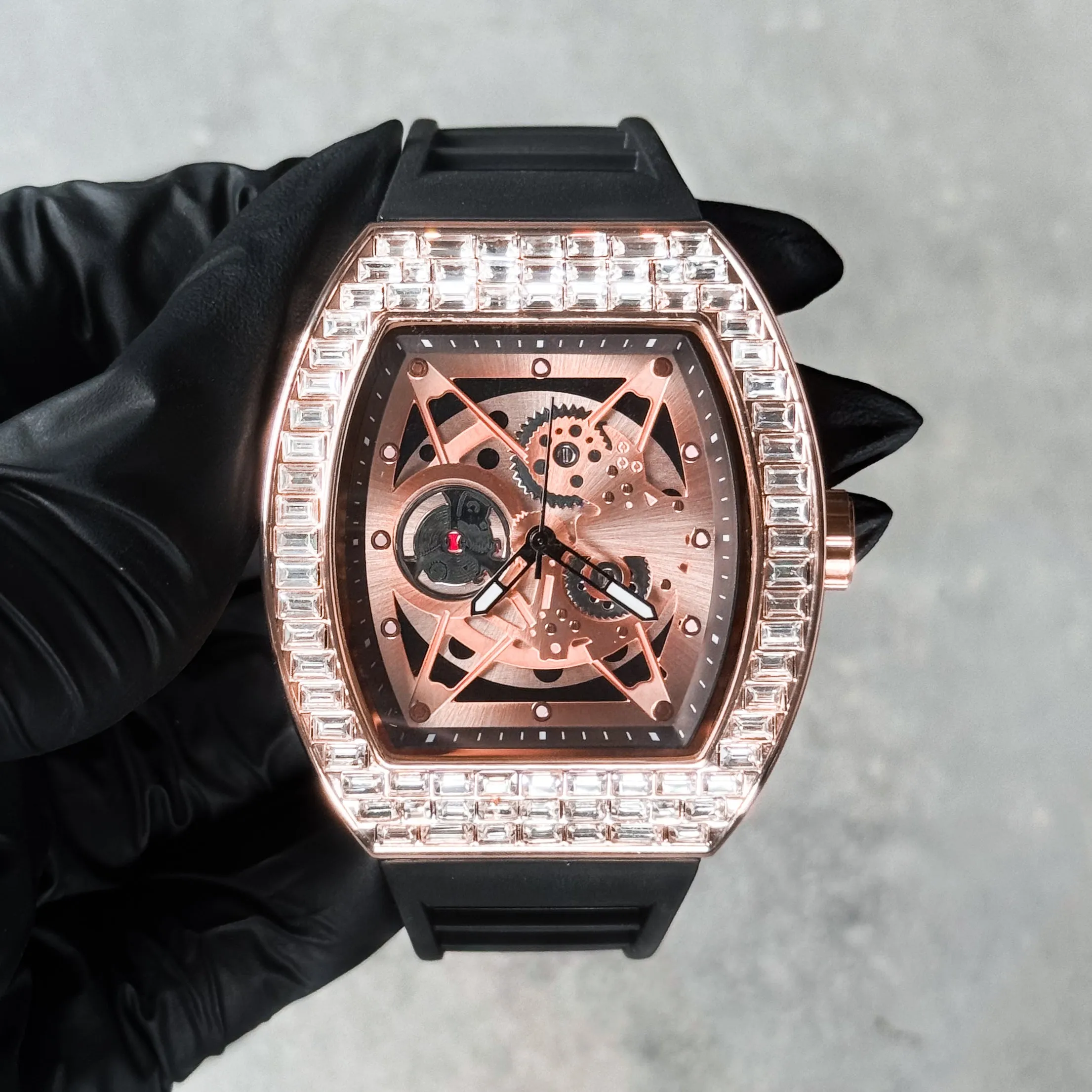 Men's Luxury Iced Watch with Baguette Crystals - Tonneau Shape, Silicone Band