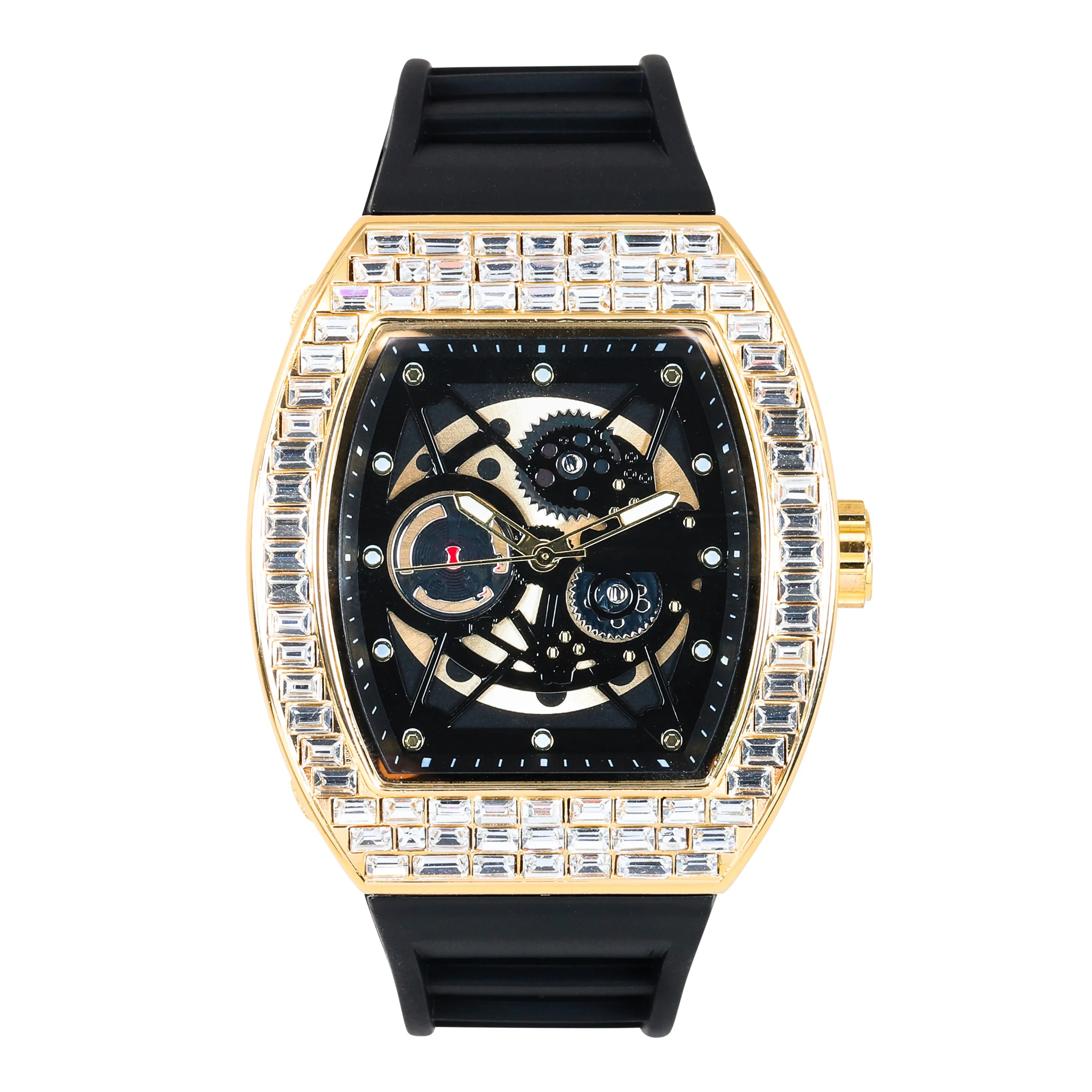 Men's Luxury Iced Watch with Baguette Crystals - Tonneau Shape, Silicone Band