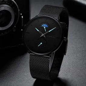 Men's Minimalistic Ultra Thin Quartz Wrist Watch Stainless Steel Mesh Strap