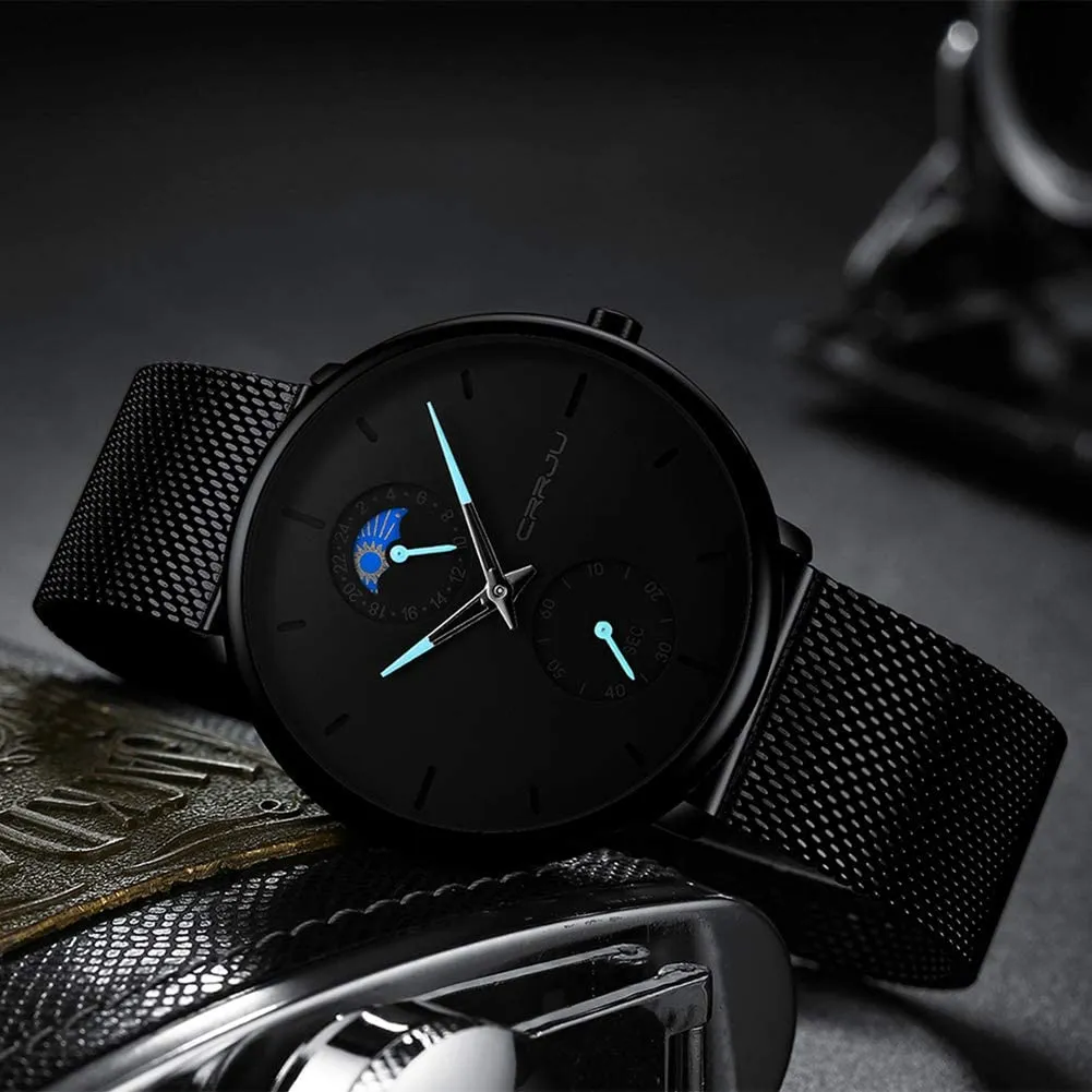 Men's Minimalistic Ultra Thin Quartz Wrist Watch Stainless Steel Mesh Strap
