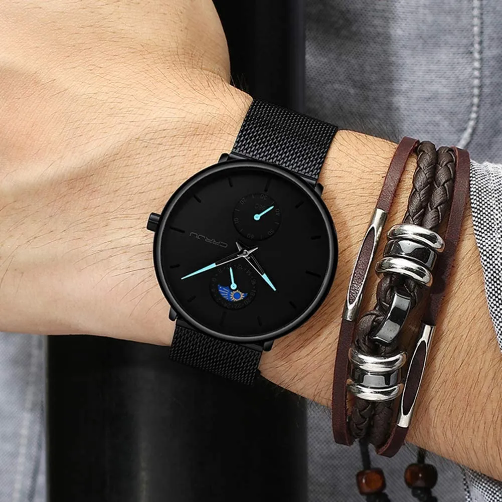 Men's Minimalistic Ultra Thin Quartz Wrist Watch Stainless Steel Mesh Strap