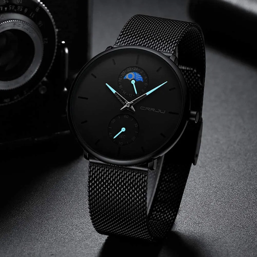 Men's Minimalistic Ultra Thin Quartz Wrist Watch Stainless Steel Mesh Strap