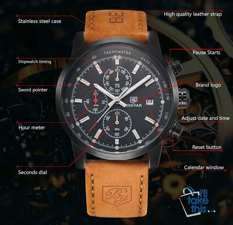 Mens Watches Luxury Sport Wristwatch Chronograph Quartz movement Watch ⌚