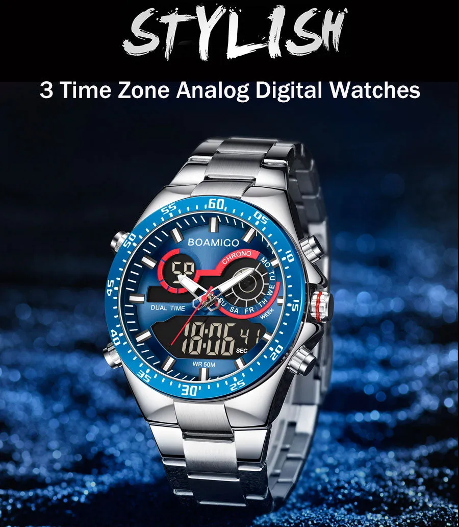 Mens Watches Stainless Steel  Luxury Sports men's digital analog blue Quartz Watch
