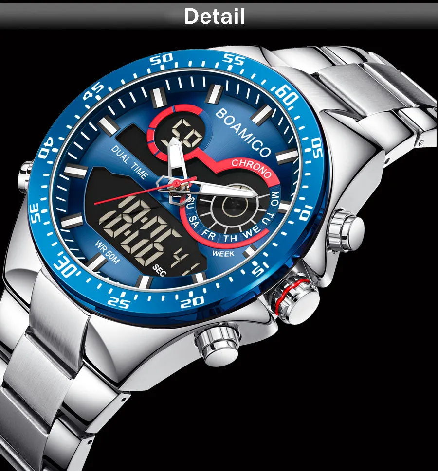 Mens Watches Stainless Steel  Luxury Sports men's digital analog blue Quartz Watch