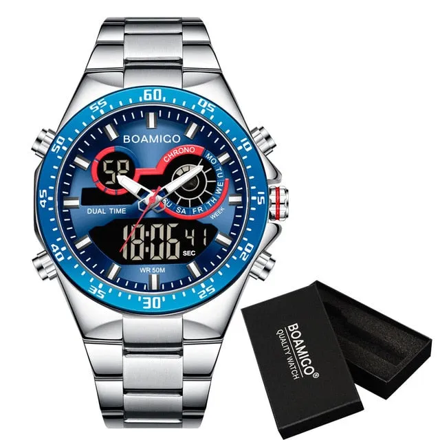 Mens Watches Stainless Steel  Luxury Sports men's digital analog blue Quartz Watch