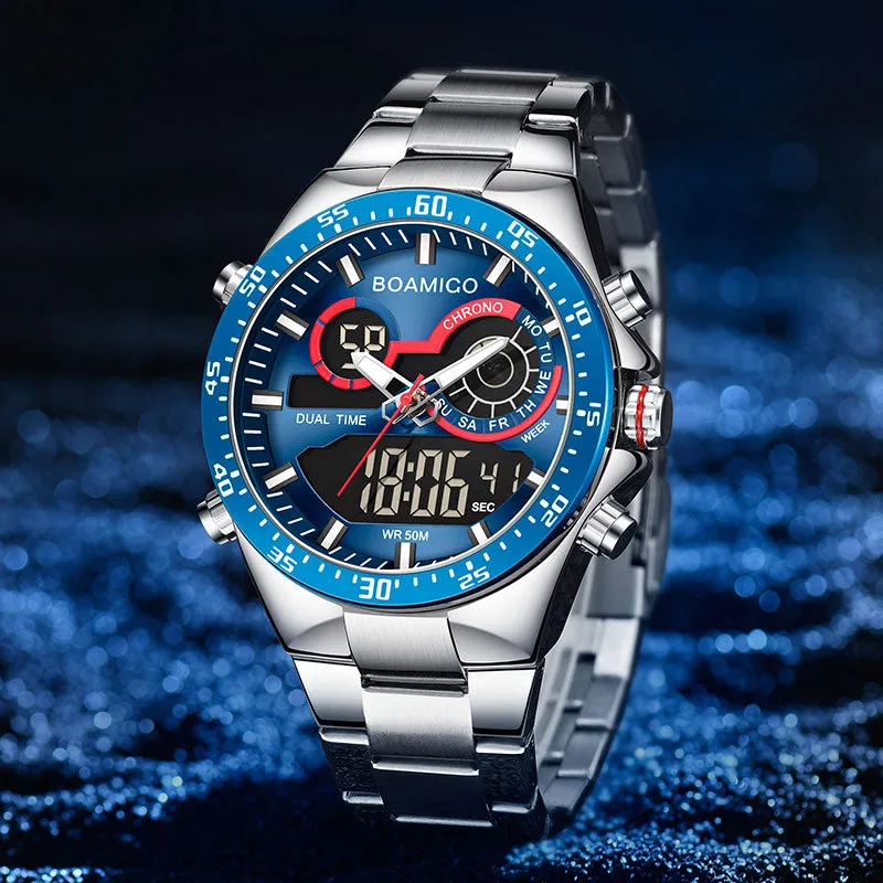 Mens Watches Stainless Steel  Luxury Sports men's digital analog blue Quartz Watch