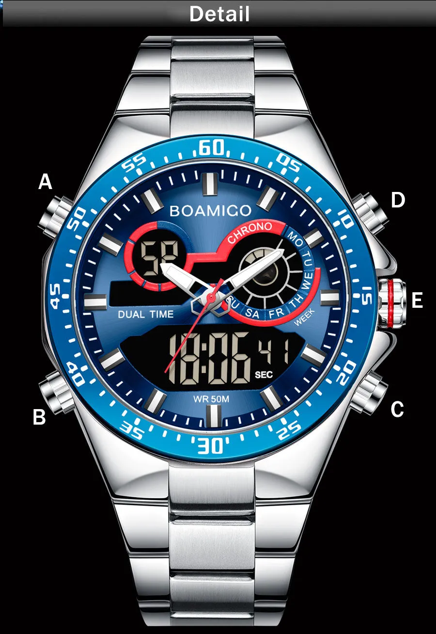 Mens Watches Stainless Steel  Luxury Sports men's digital analog blue Quartz Watch