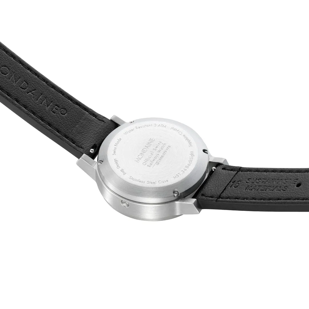 MONDAINE STOP2GO WATCH BLACK VEGAN LEATHER, 34 MM - MST.3401B.LBV.SET