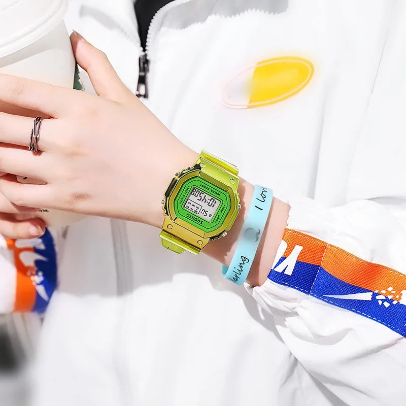 Multifunction Fashion Watch LED Luminous Waterproof Digital Women Men Colorful Electroplating Square Sports Transparent Strap Alarm WristWatches