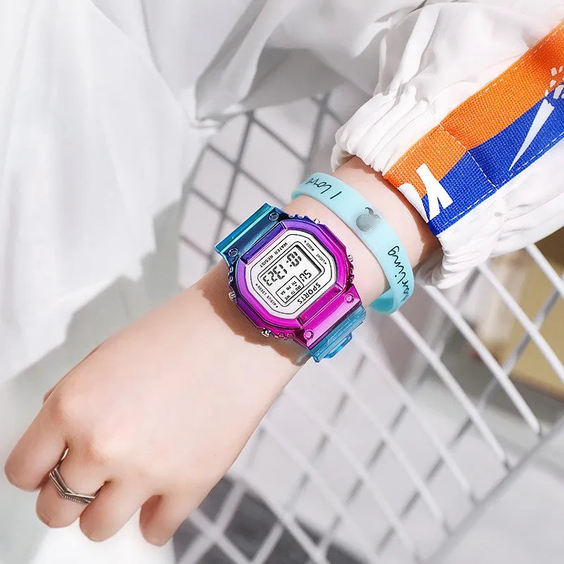 Multifunction Fashion Watch LED Luminous Waterproof Digital Women Men Colorful Electroplating Square Sports Transparent Strap Alarm WristWatches
