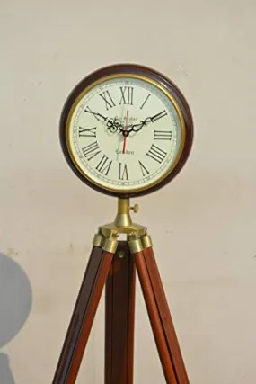 Nautical Art Vintage Tripod Floor Clock with Roman Numerals and Brass Accents - Elegant Antique Design, Wooden Stand, London-Inspired Decor,