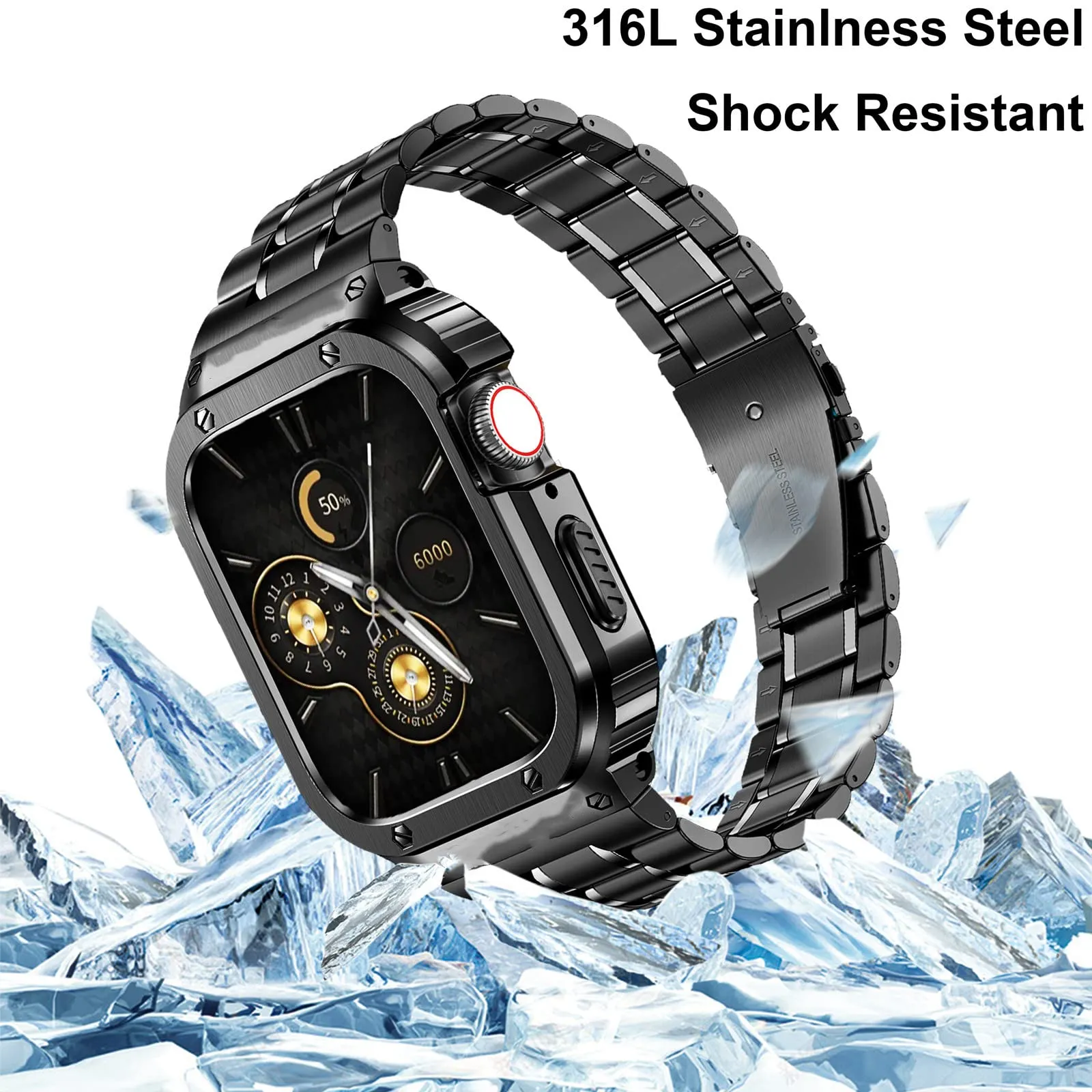 O Ozone - Stainless Steel Watch Band with Case Compatible with Apple Watch Series 9/8/7 (45mm)- Black