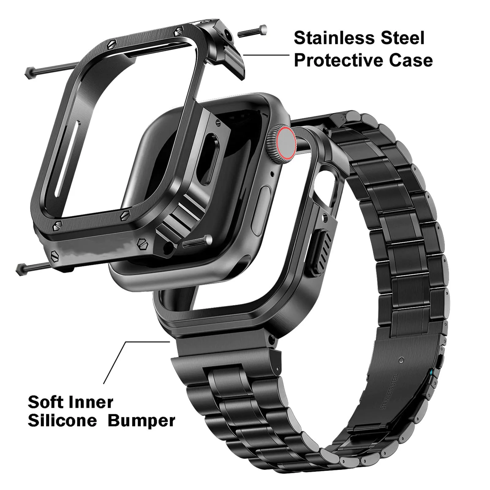 O Ozone - Stainless Steel Watch Band with Case Compatible with Apple Watch Series 9/8/7 (45mm)- Black