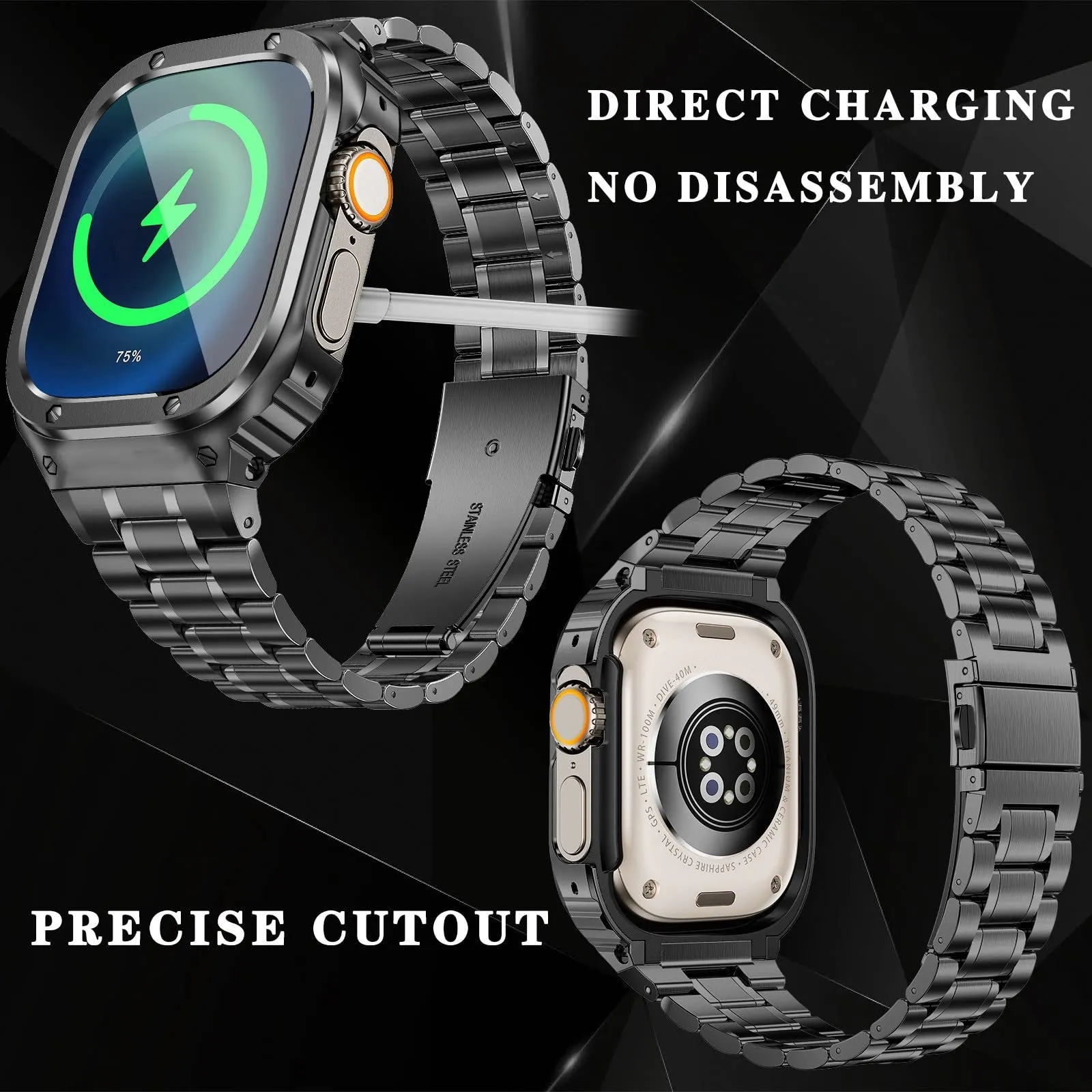 O Ozone - Stainless Steel Watch Band with Case Compatible with Apple Watch Series 9/8/7 (45mm)- Black