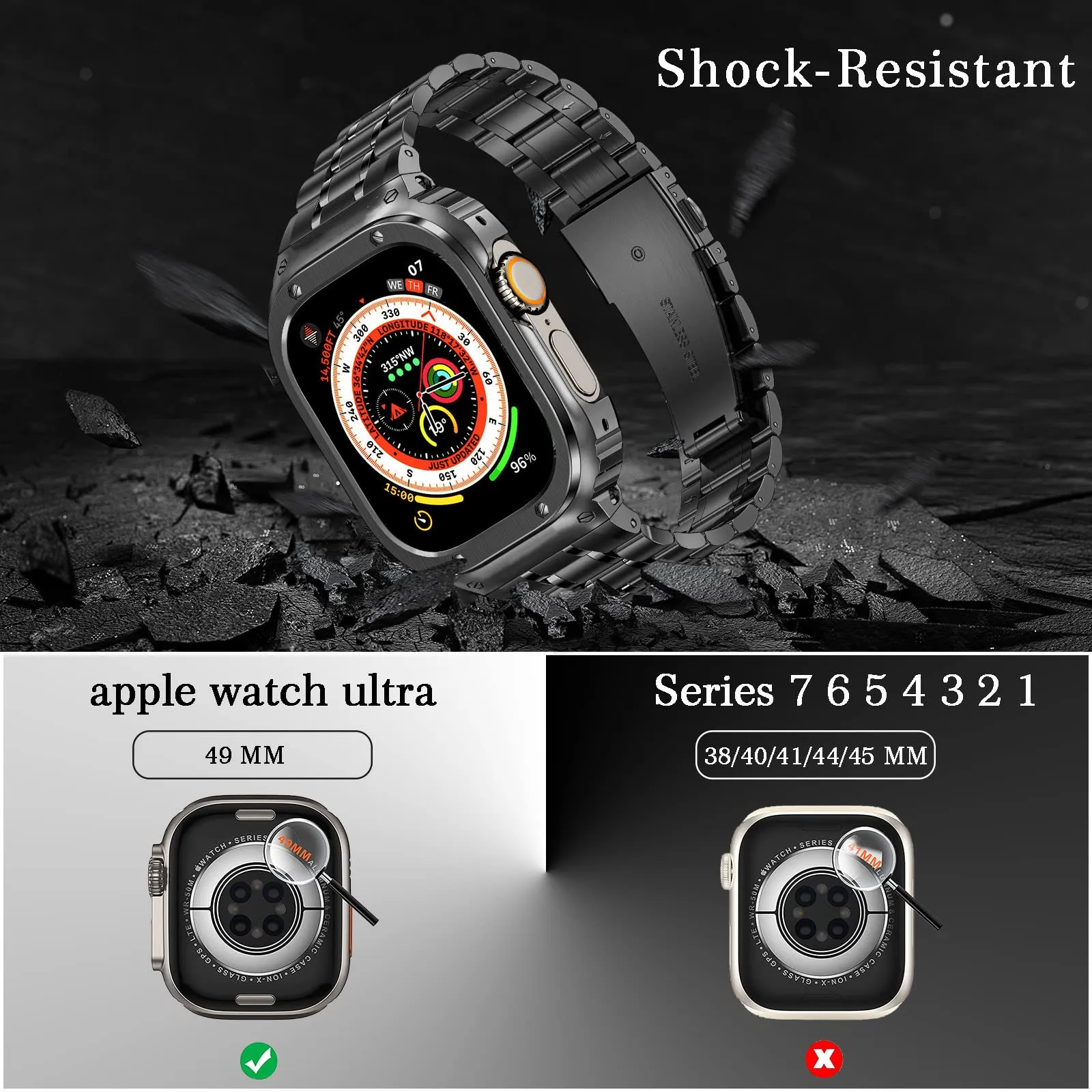 O Ozone - Stainless Steel Watch Band with Case Compatible with Apple Watch Series 9/8/7 (45mm)- Black