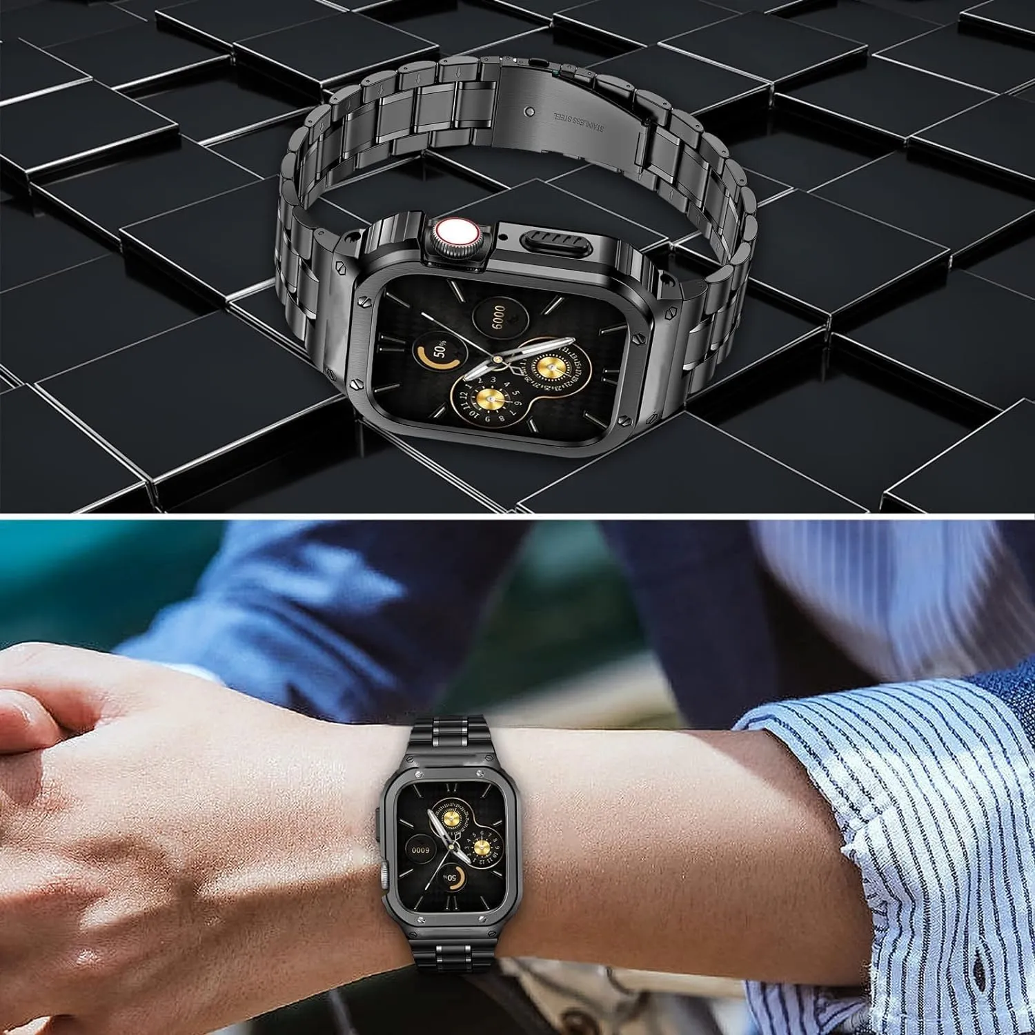 O Ozone - Stainless Steel Watch Band with Case Compatible with Apple Watch Series 9/8/7 (45mm)- Black