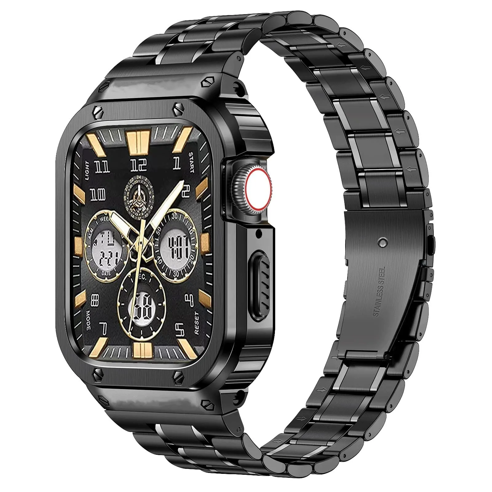 O Ozone - Stainless Steel Watch Band with Case Compatible with Apple Watch Series 9/8/7 (45mm)- Black