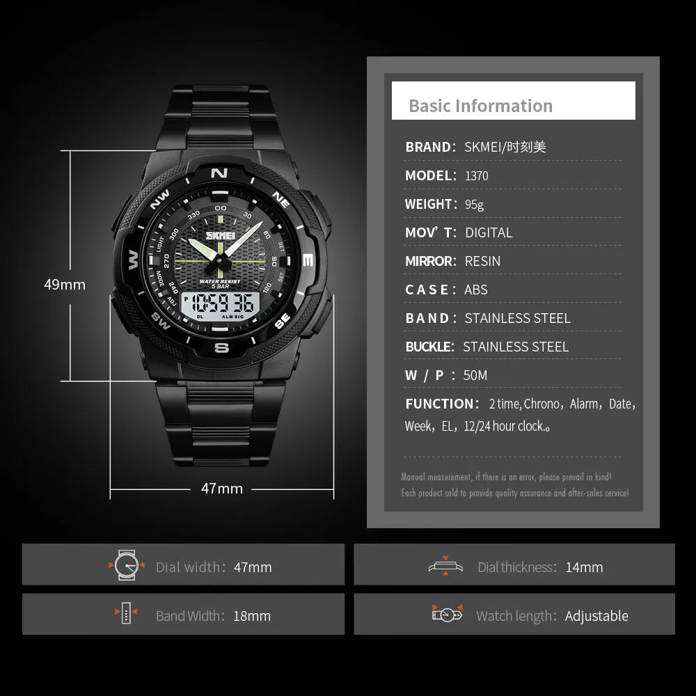 Outdoor Sport 50m Waterproof Digital Quartz Dual Time Military Sports Watch