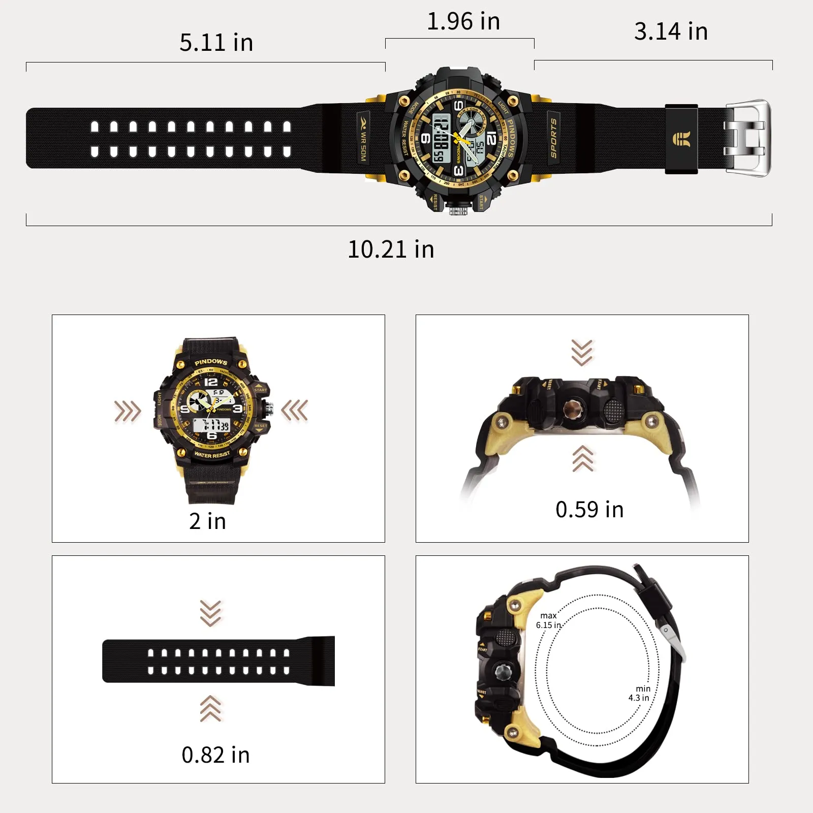 PINDOWS Sport Watch for Men, Digital Analog Military Sports Electronic LED Watches with 12H/24H Display, 50m Waterproof, Alarm Clock, and Stopwatch Timing, Men's Wrist Watches PDS-628