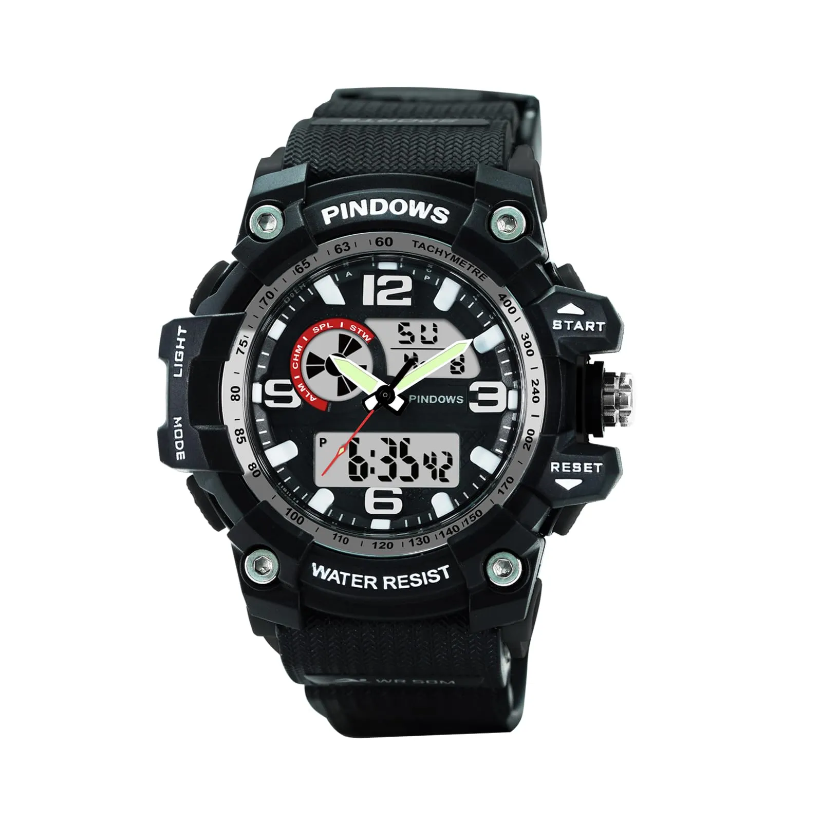 PINDOWS Sport Watch for Men, Digital Analog Military Sports Electronic LED Watches with 12H/24H Display, 50m Waterproof, Alarm Clock, and Stopwatch Timing, Men's Wrist Watches PDS-628