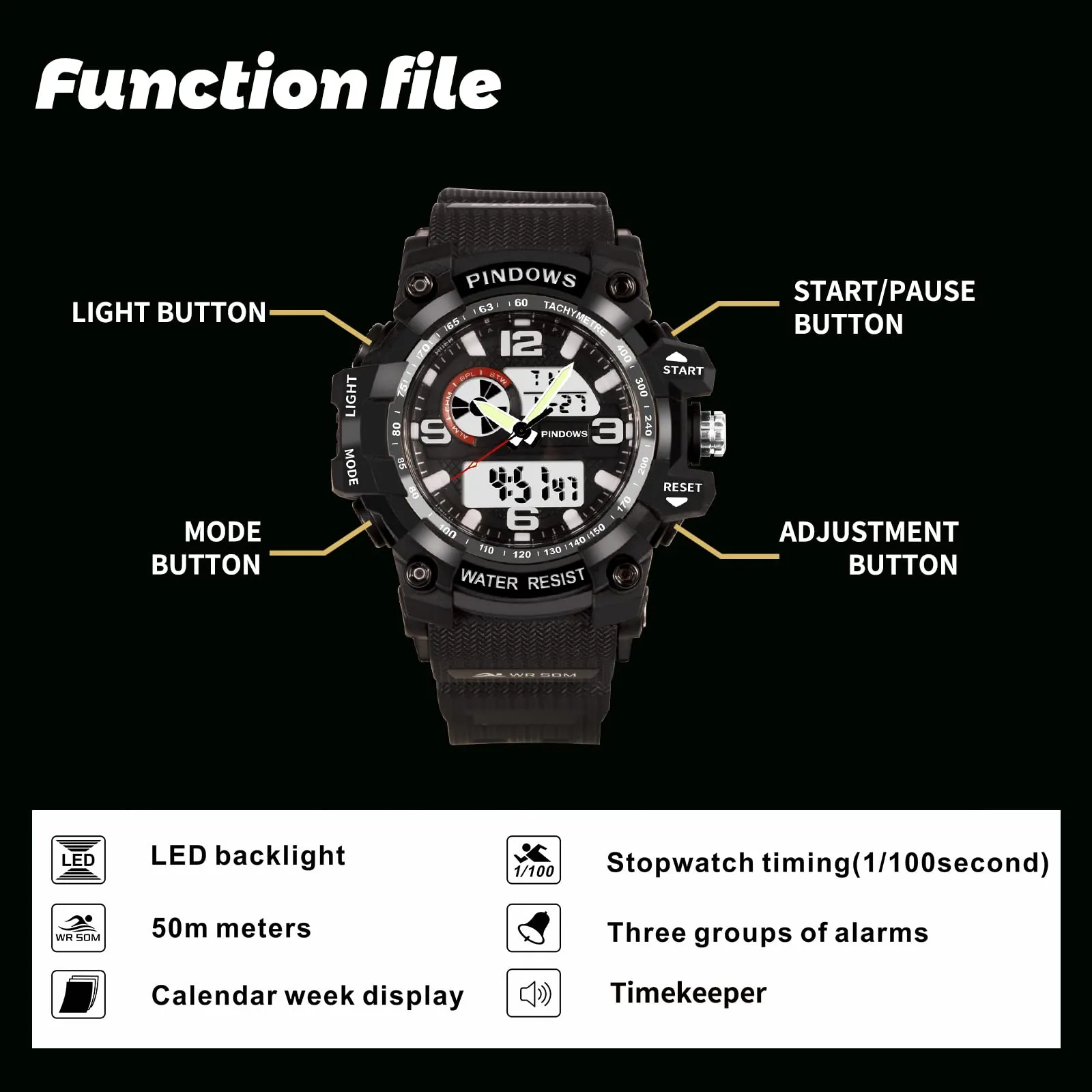PINDOWS Sport Watch for Men, Digital Analog Military Sports Electronic LED Watches with 12H/24H Display, 50m Waterproof, Alarm Clock, and Stopwatch Timing, Men's Wrist Watches PDS-628