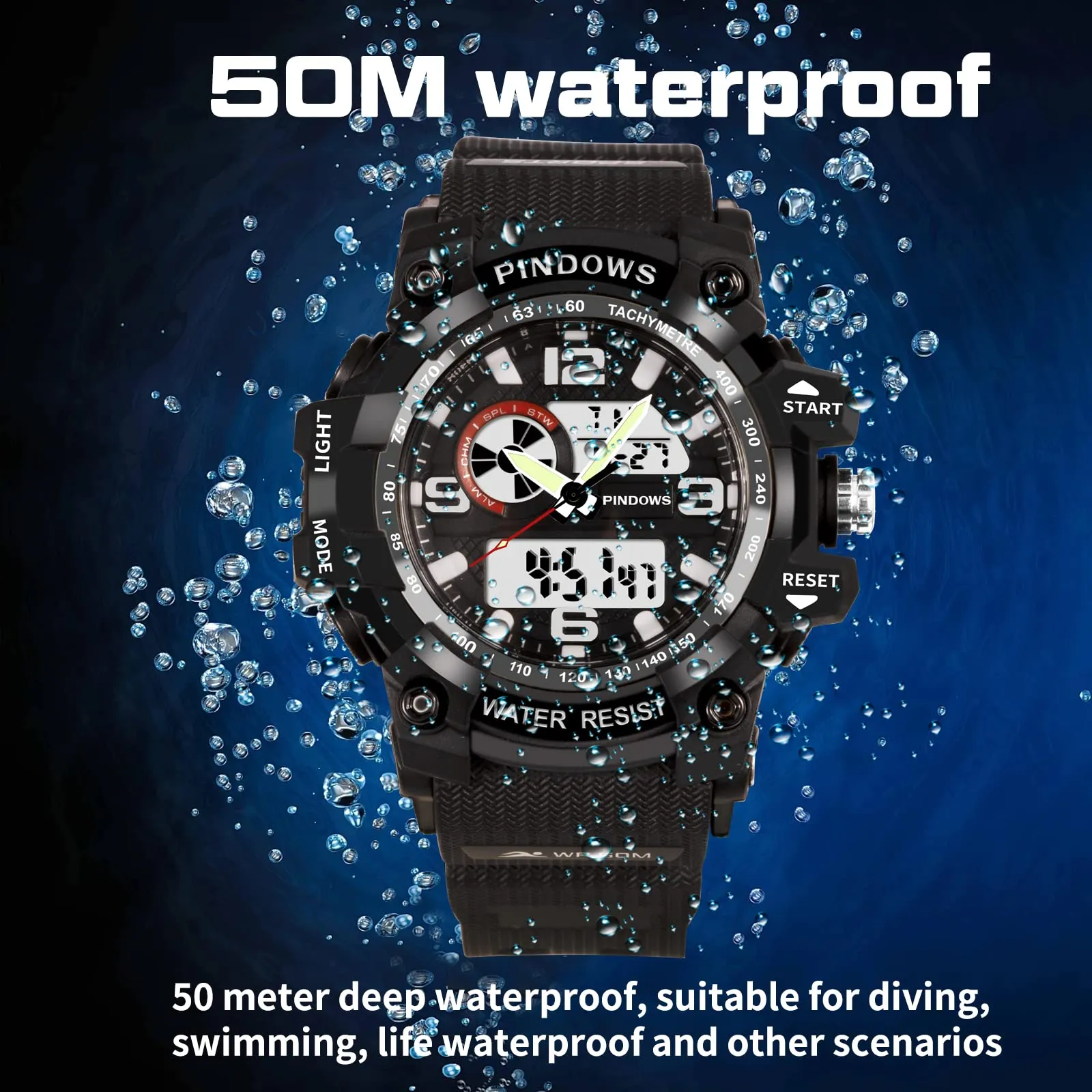 PINDOWS Sport Watch for Men, Digital Analog Military Sports Electronic LED Watches with 12H/24H Display, 50m Waterproof, Alarm Clock, and Stopwatch Timing, Men's Wrist Watches PDS-628