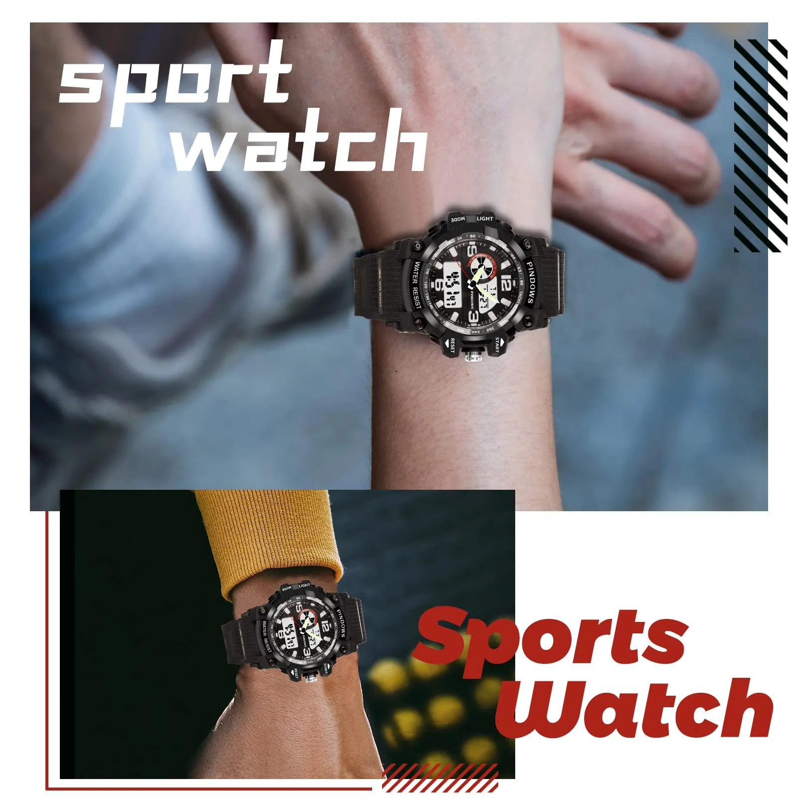 PINDOWS Sport Watch for Men, Digital Analog Military Sports Electronic LED Watches with 12H/24H Display, 50m Waterproof, Alarm Clock, and Stopwatch Timing, Men's Wrist Watches PDS-628