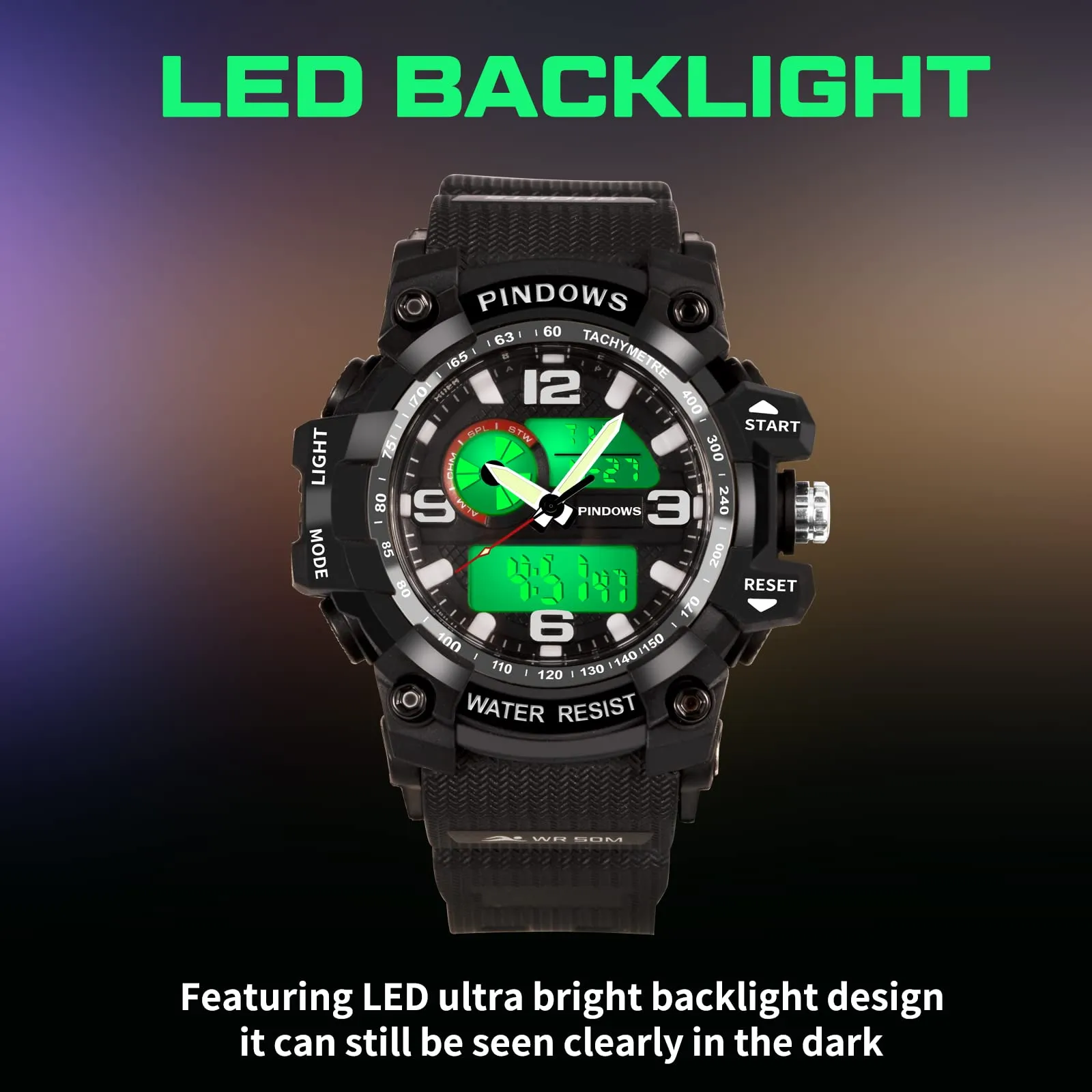 PINDOWS Sport Watch for Men, Digital Analog Military Sports Electronic LED Watches with 12H/24H Display, 50m Waterproof, Alarm Clock, and Stopwatch Timing, Men's Wrist Watches PDS-628