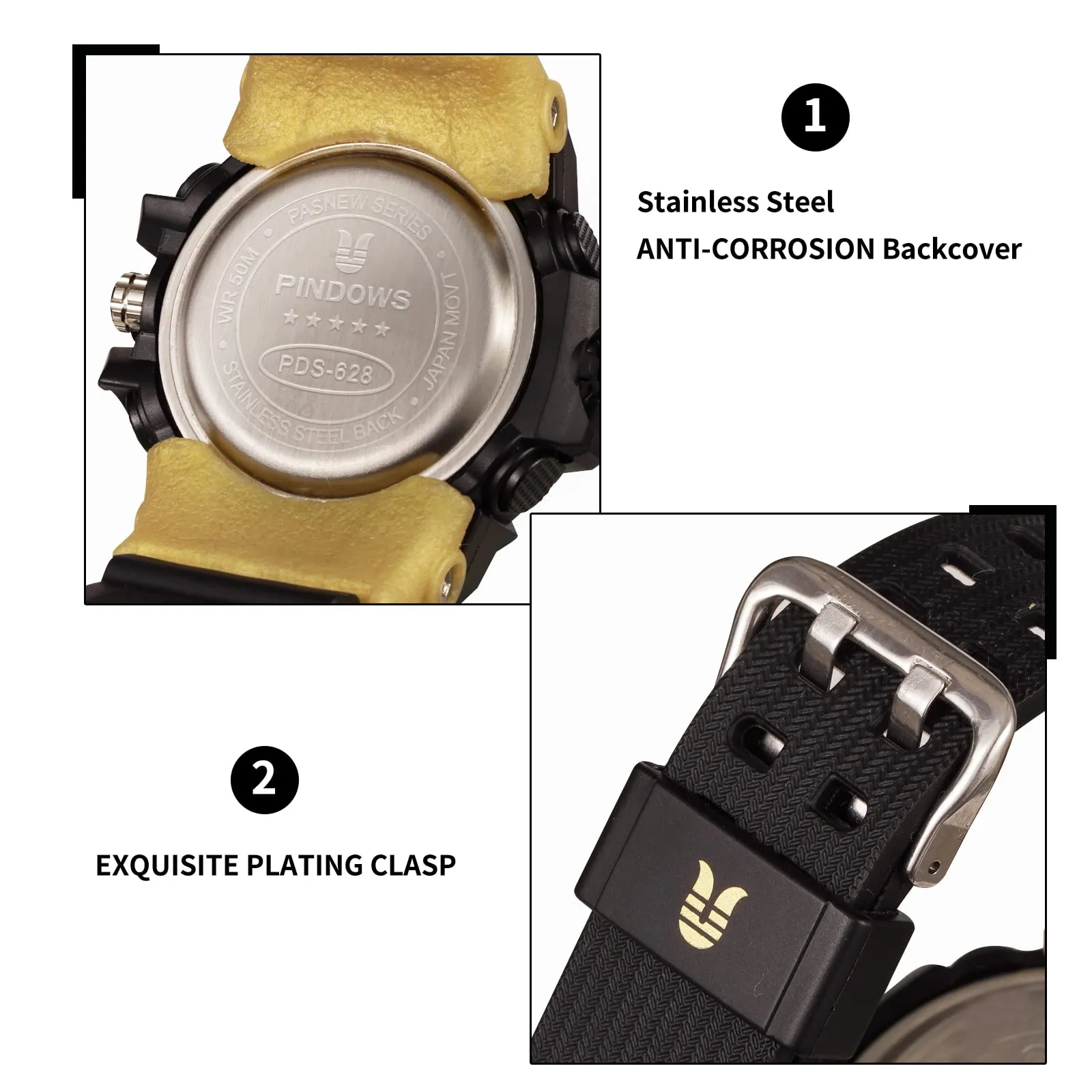 PINDOWS Sport Watch for Men, Digital Analog Military Sports Electronic LED Watches with 12H/24H Display, 50m Waterproof, Alarm Clock, and Stopwatch Timing, Men's Wrist Watches PDS-628