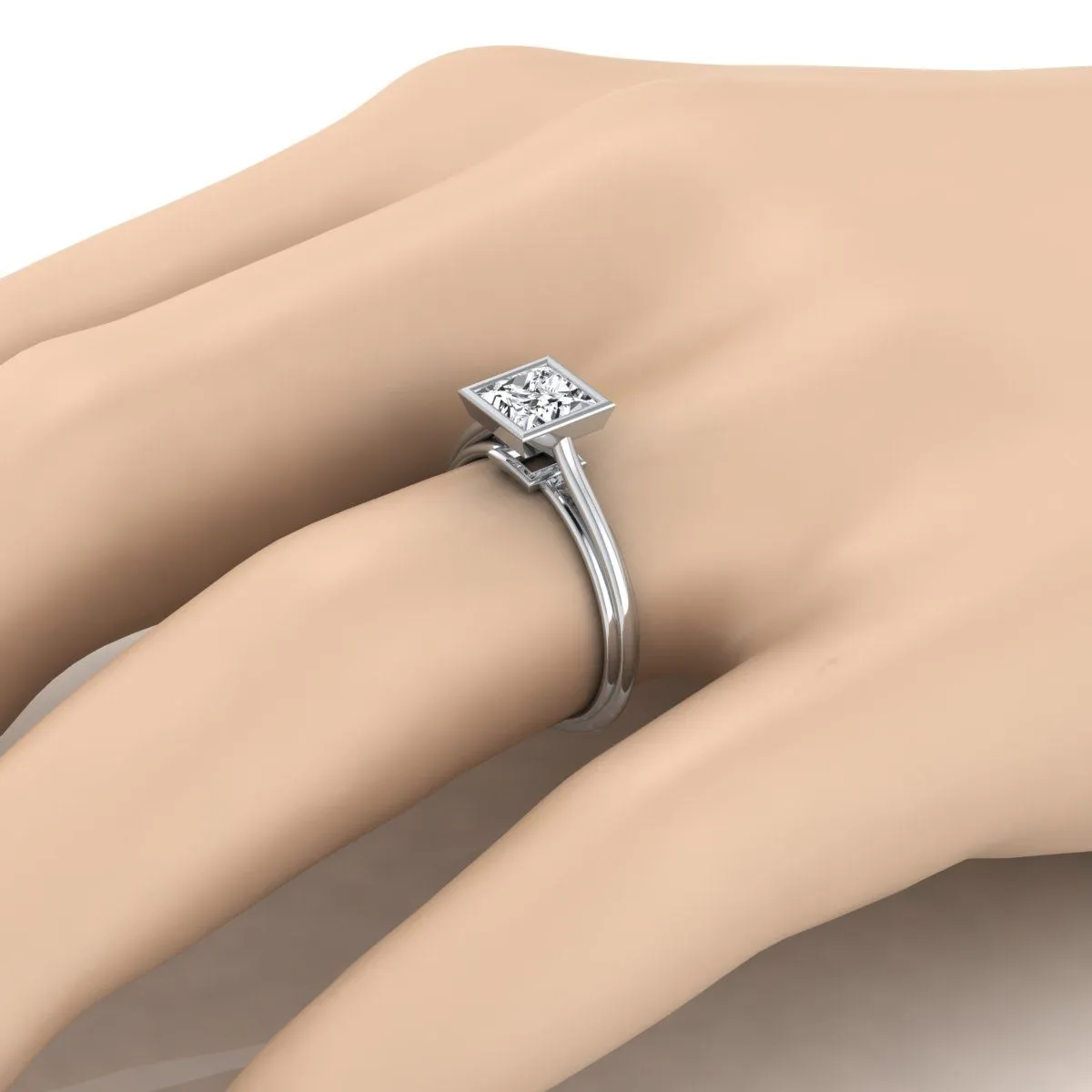 Platinum Princess Cut  Bezel Halo Cathedral Solitaire Engagement Ring