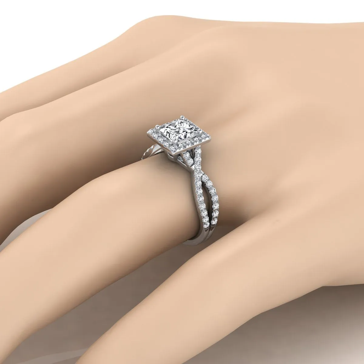 Platinum Princess Cut Diamond  Twisted Scalloped Pavé Halo Center Engagement Ring -1/2ctw