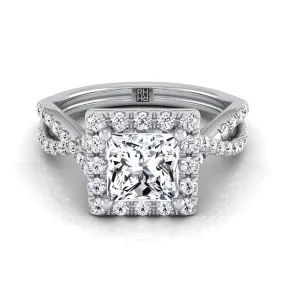 Platinum Princess Cut Diamond  Twisted Scalloped Pavé Halo Center Engagement Ring -1/2ctw
