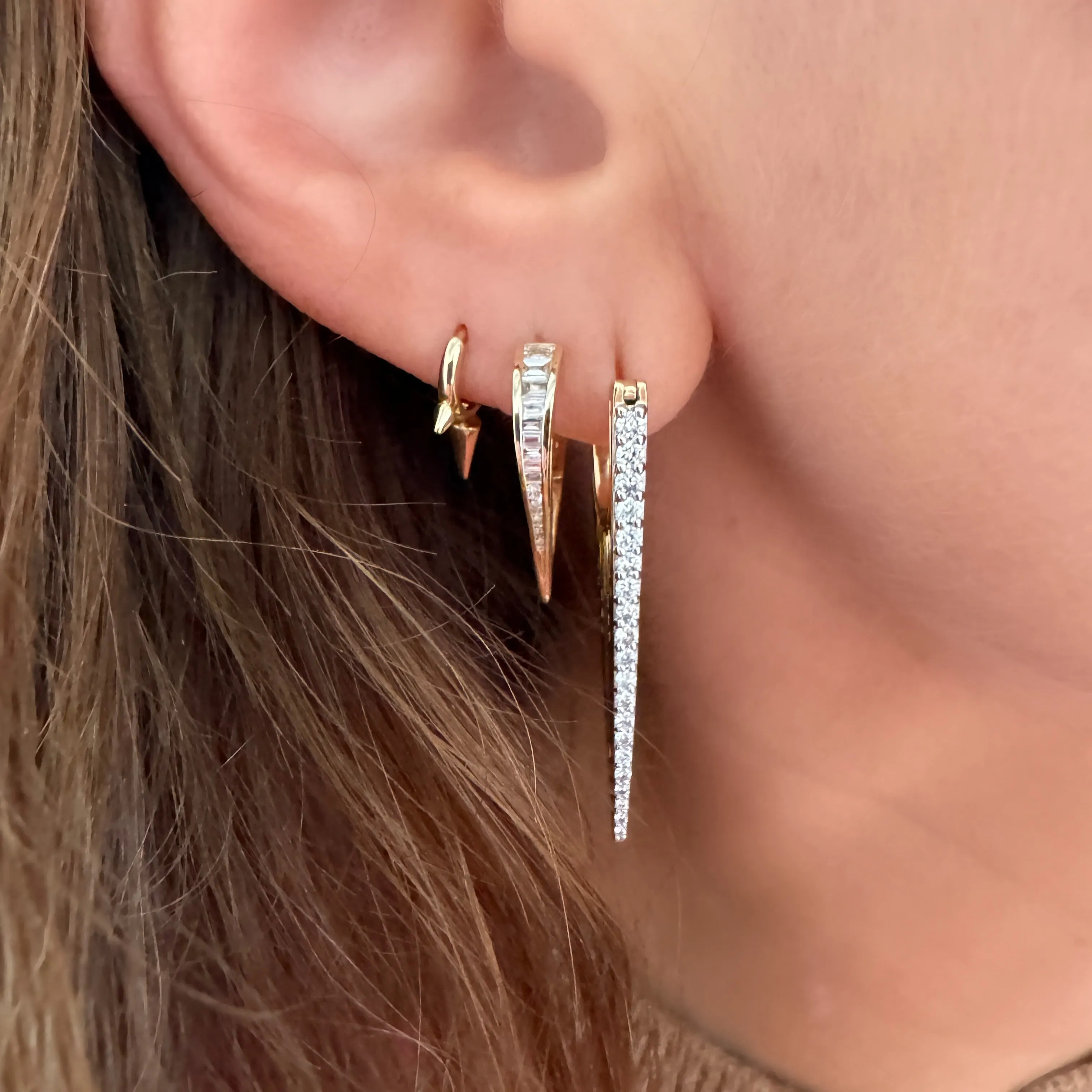 Pointy Channel Set Baguette Diamond Huggie Earrings
