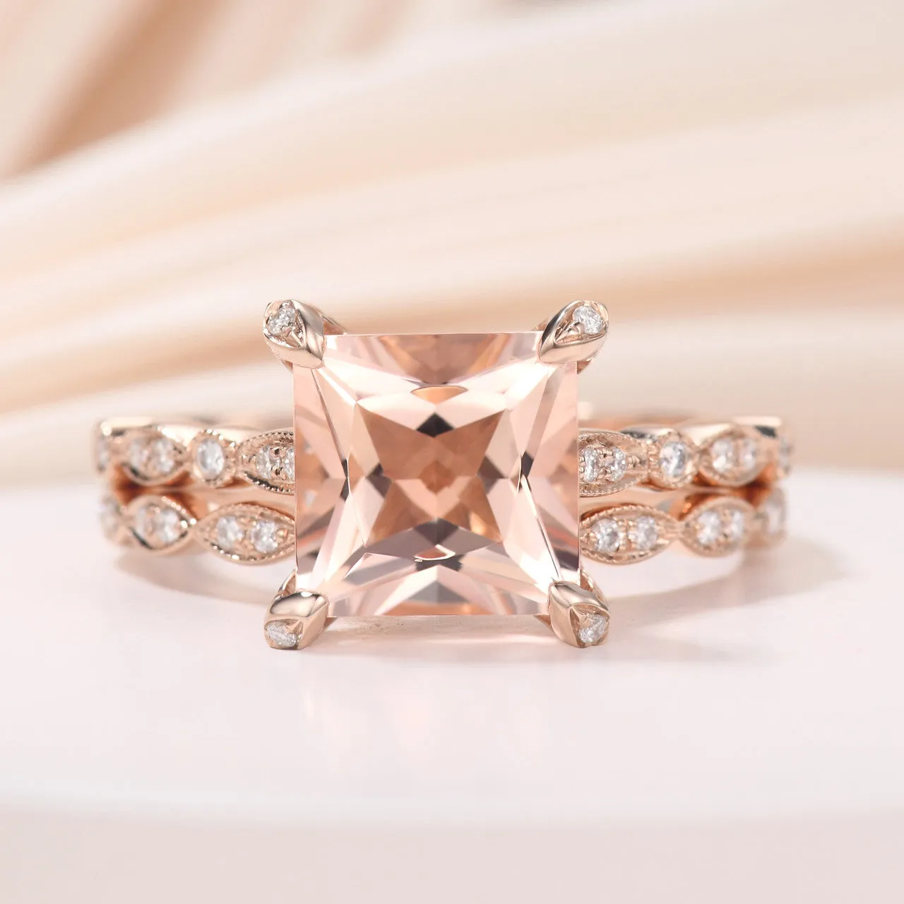 Princess Cut Morganite Hidden Diamond Halo Wedding Ring Set 14K Rose Gold Statement Ring