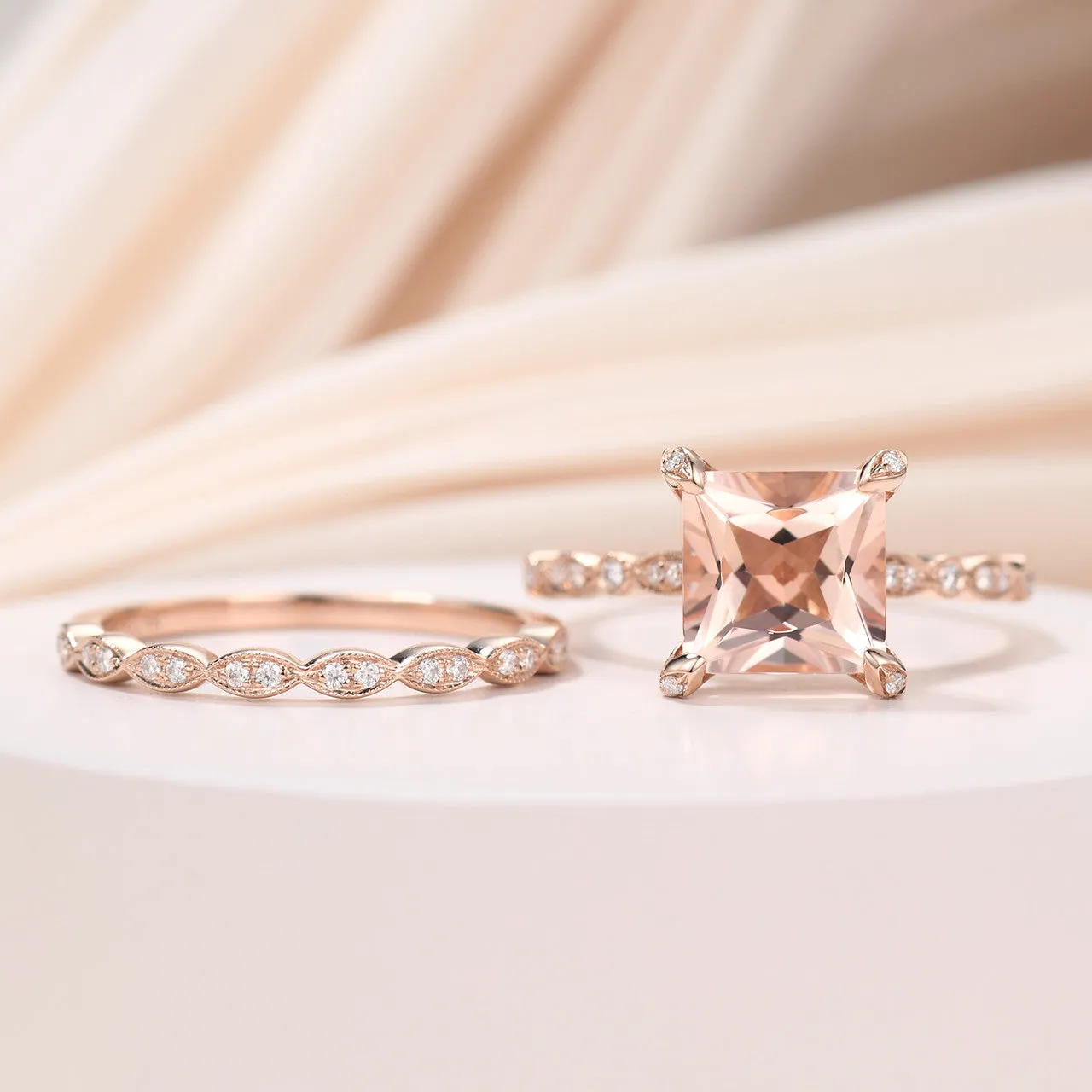 Princess Cut Morganite Hidden Diamond Halo Wedding Ring Set 14K Rose Gold Statement Ring